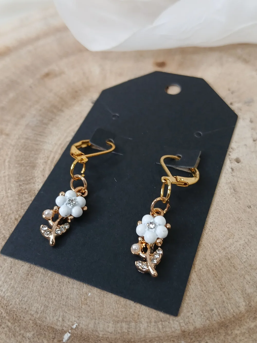 Gold Floral Drop Earrings with White Beads - Women Jewelry